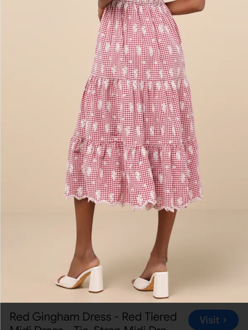 Jacqui E Red Gingham Tiered Midi Dress with Cream Tie Straps - Picture 4 of 4
